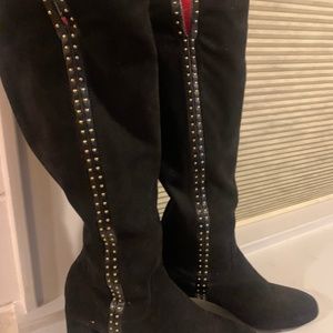 Adrienne Vittadini 9M Gold Studded Knee High Black Suede Boots.